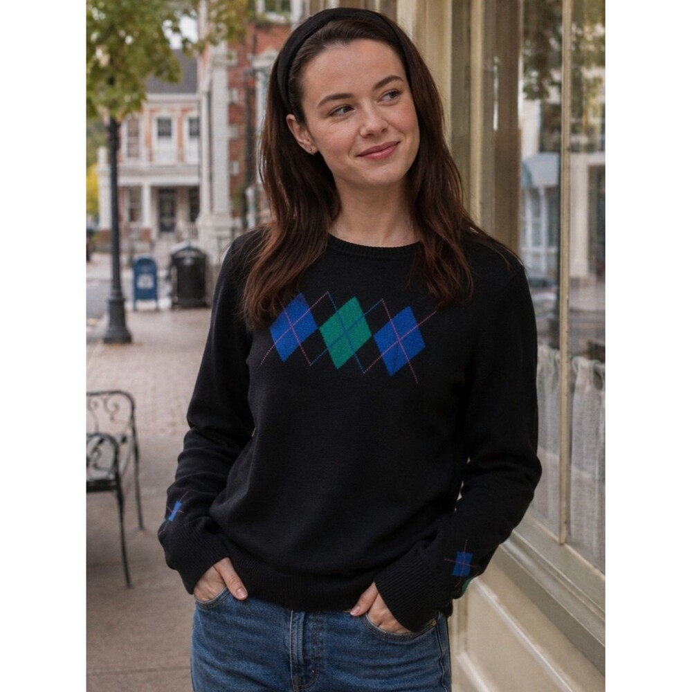 Preppy Argyle Crewneck Sweater Black Blue Size Large 100% Cotton Kim Rogers